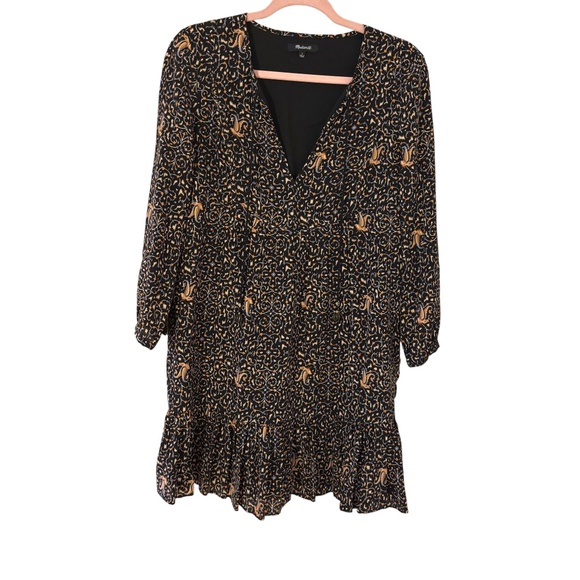 Madewell 100% Silk Black Paisley Print Mini Dress Size 2 Boho Ruffle Hem - Picture 1 of 16